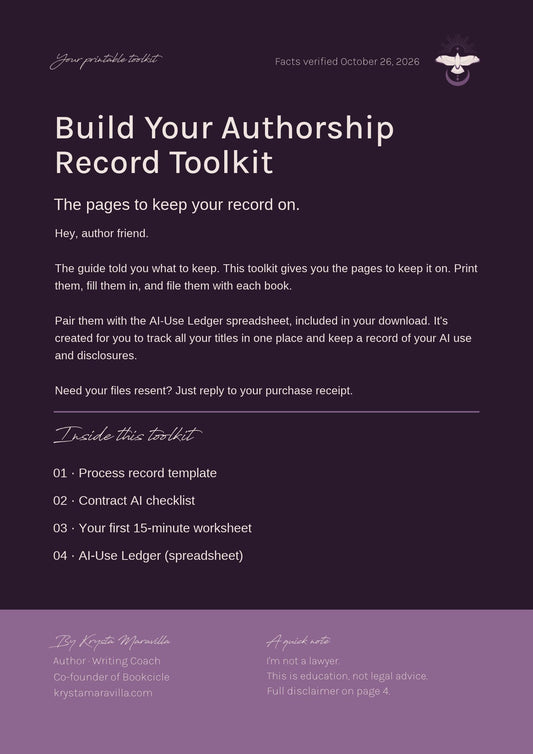 Build Your Authorship Record Toolkit cover - The pages to keep your record on, by Krysta Maravilla